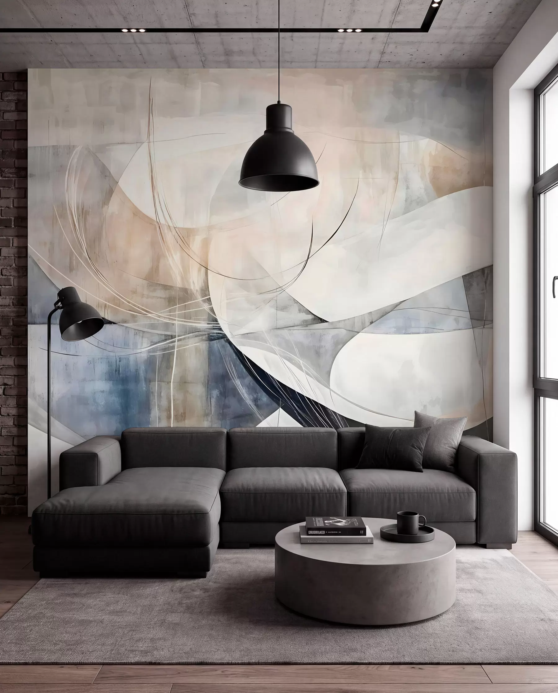 murais de parede Formas abstratas e formas em tons de branco, cinza, bege e azul contra um fundo texturizado desfocado w08461