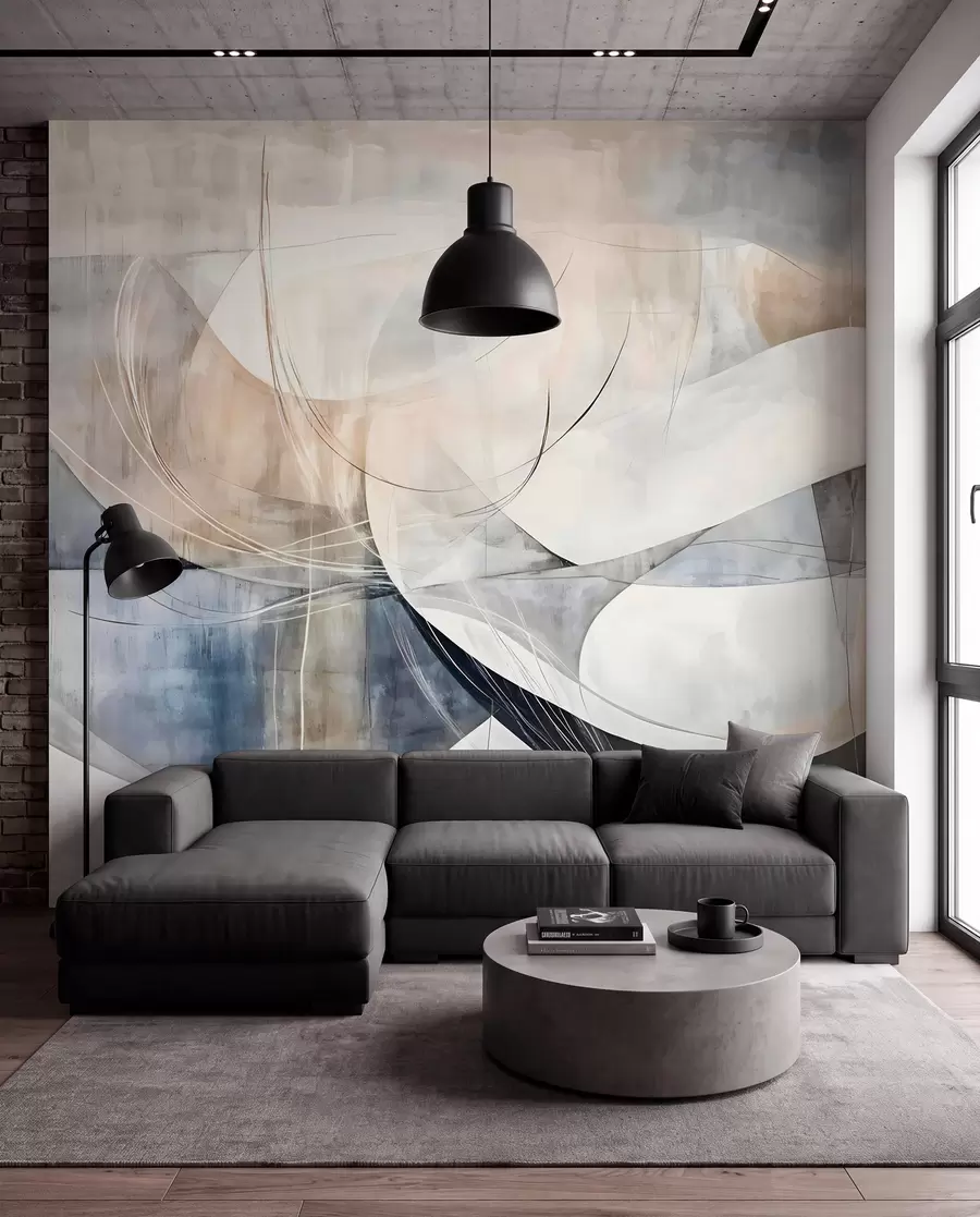 murais de parede Formas abstratas e formas em tons de branco, cinza, bege e azul contra um fundo texturizado desfocado w08461