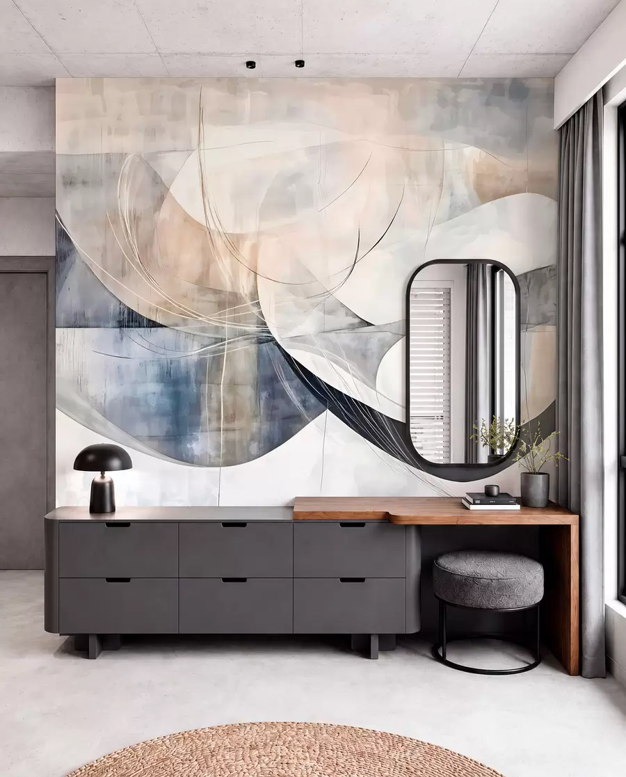 murais de parede Formas abstratas e formas em tons de branco, cinza, bege e azul contra um fundo texturizado desfocado w08461