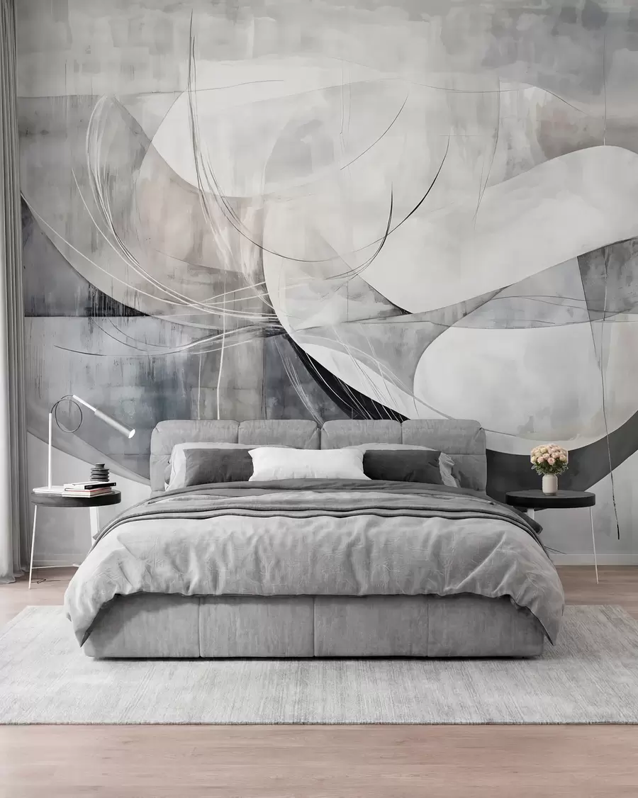 murais de parede Formas abstratas e formas em tons de branco, cinza e preto contra um fundo texturizado borrado w08461v1