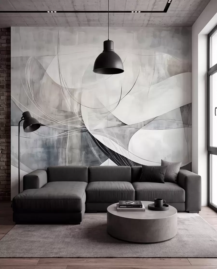 murais de parede Formas abstratas e formas em tons de branco, cinza e preto contra um fundo texturizado borrado w08461v1
