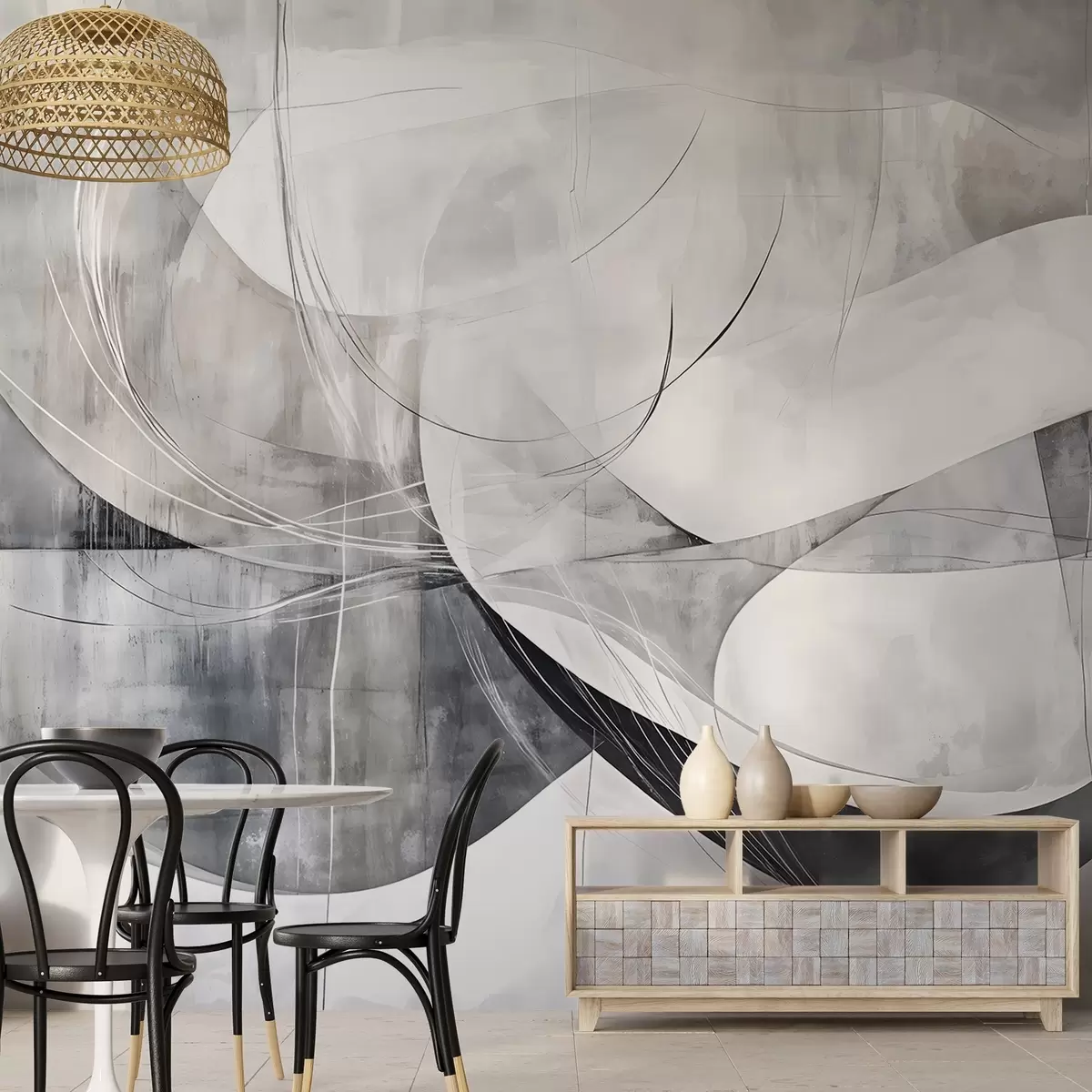 murais de parede Formas abstratas e formas em tons de branco, cinza e preto contra um fundo texturizado borrado w08461v1