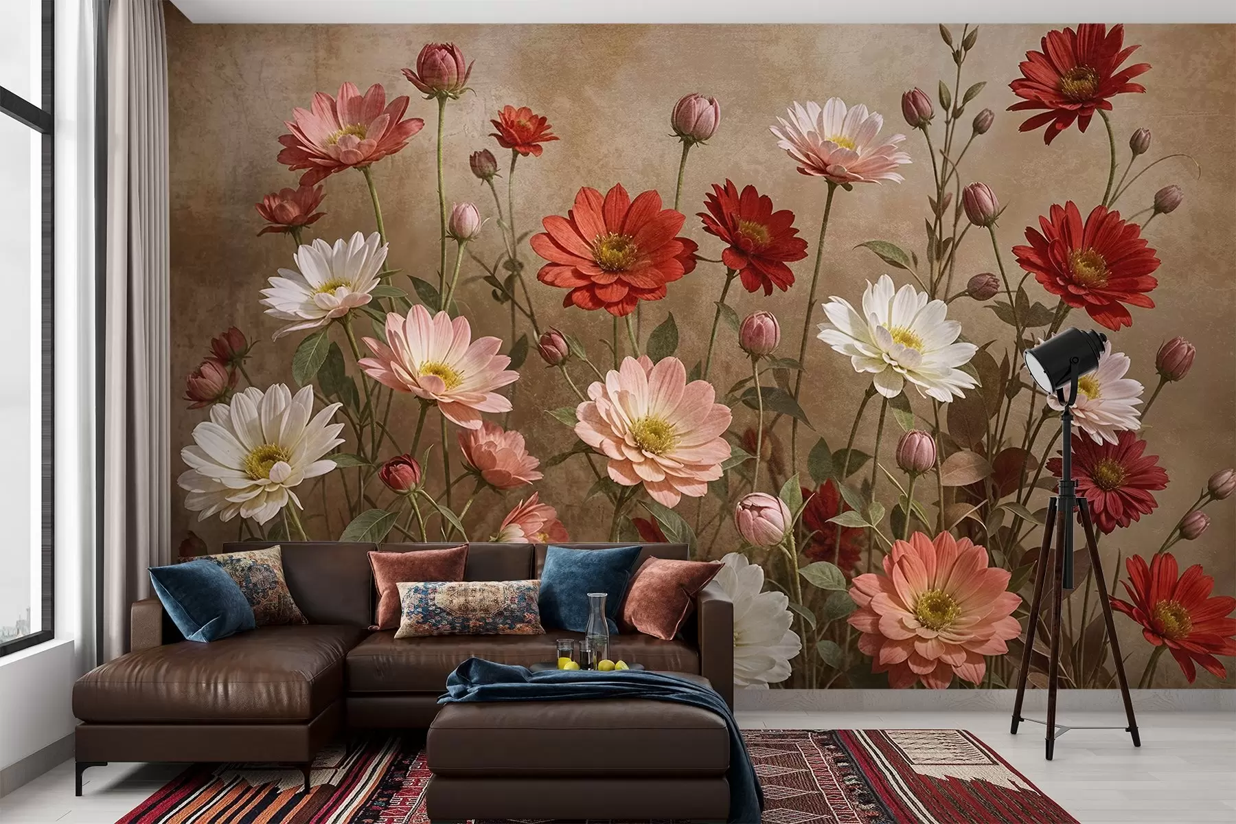 murais de parede Um campo de flores coloridas semelhantes a margaridas em vários tons de rosa, vermelho e branco em um fundo texturizado w08462