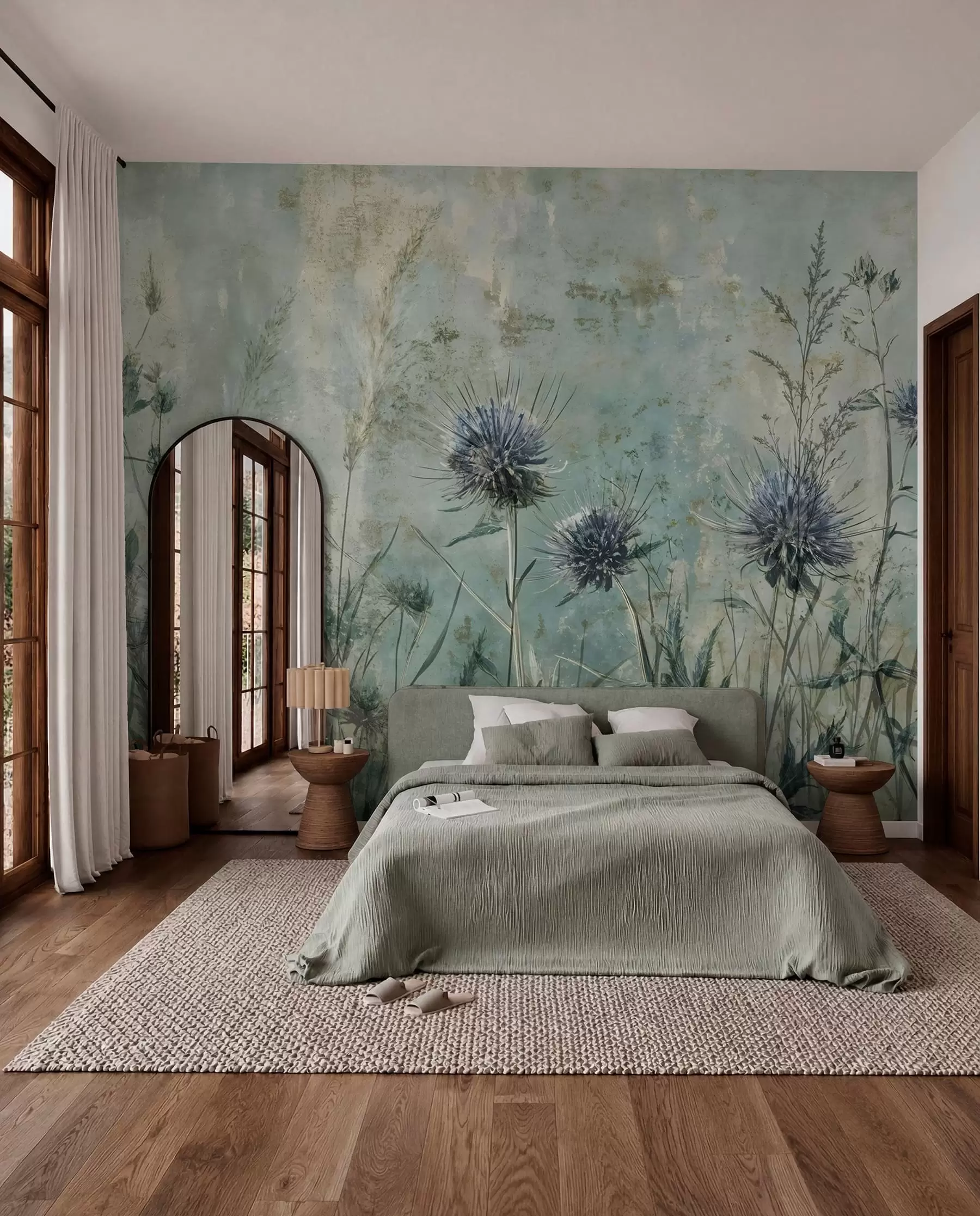 murais de parede Um campo de flores de cardo roxo com flores e folhagens borradas em um fundo de textura vintage w08463