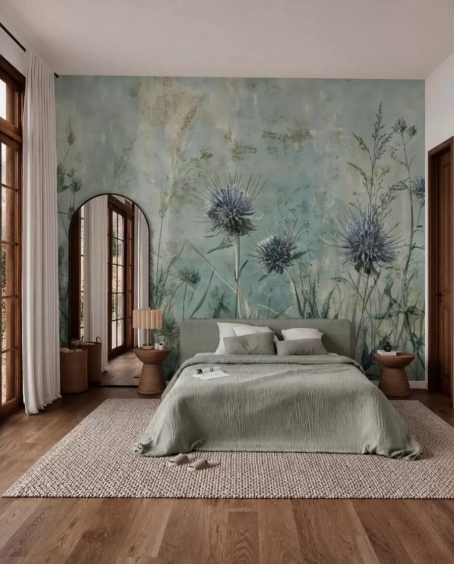 murais de parede Um campo de flores de cardo roxo com flores e folhagens borradas em um fundo de textura vintage w08463