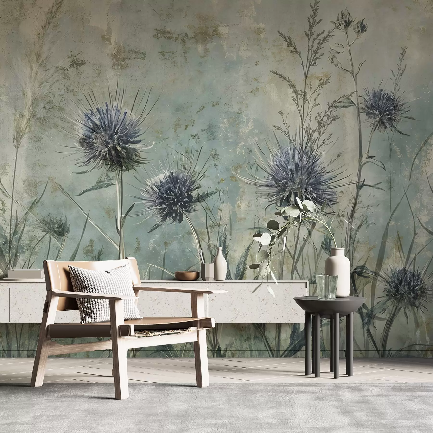 murais de parede Um campo de flores de cardo roxo com flores e folhagens borradas em um fundo de textura vintage w08463