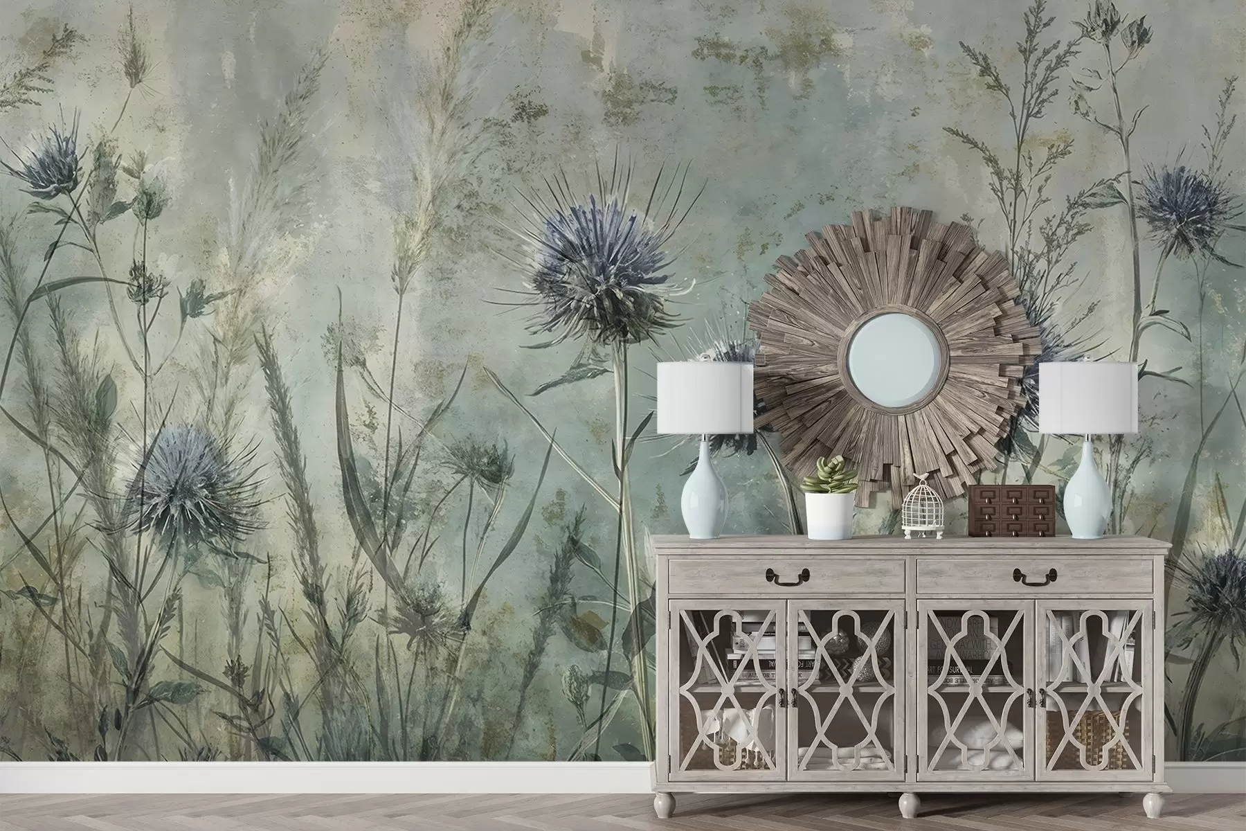 murais de parede Um campo de flores de cardo roxo com flores e folhagens borradas em um fundo de textura vintage w08463