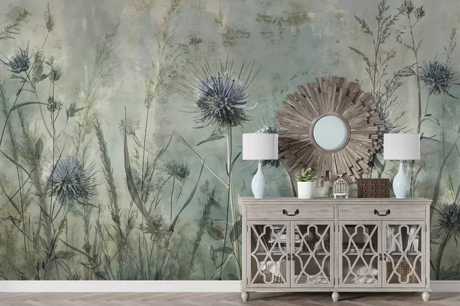 murais de parede Um campo de flores de cardo roxo com flores e folhagens borradas em um fundo de textura vintage w08463