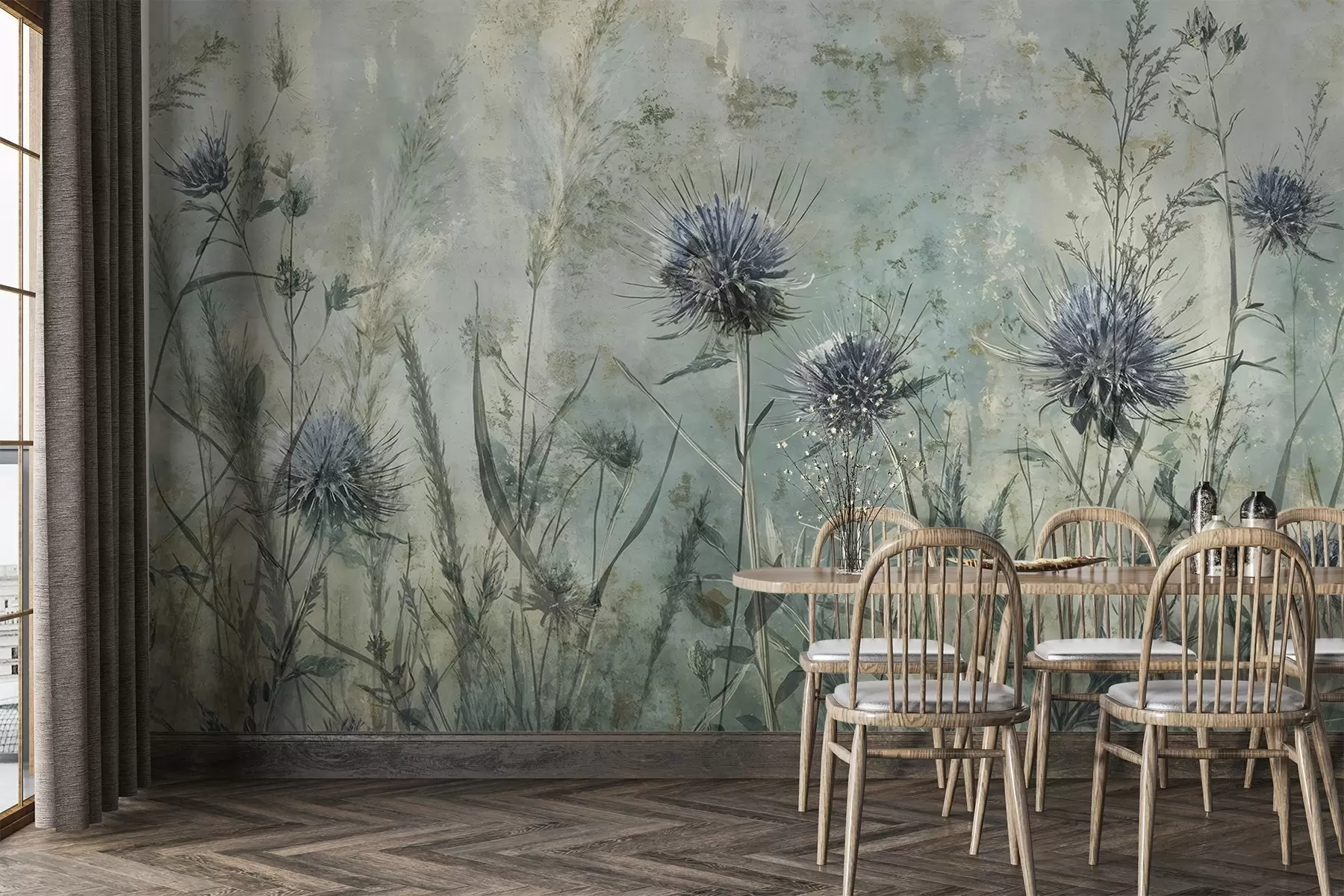 murais de parede Um campo de flores de cardo roxo com flores e folhagens borradas em um fundo de textura vintage w08463