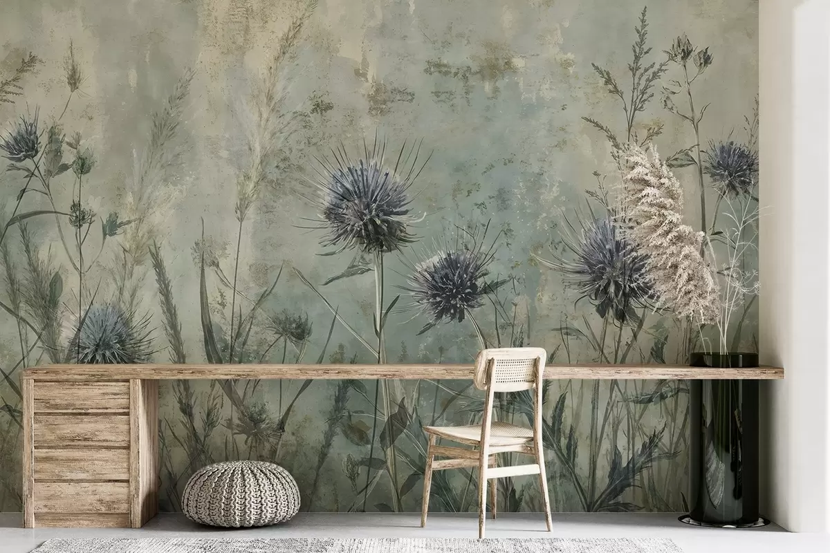 murais de parede Um campo de flores de cardo roxo com flores e folhagens borradas em um fundo de textura vintage w08463