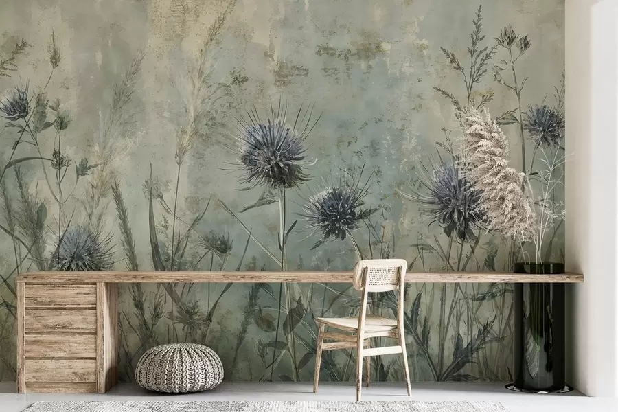 murais de parede Um campo de flores de cardo roxo com flores e folhagens borradas em um fundo de textura vintage w08463