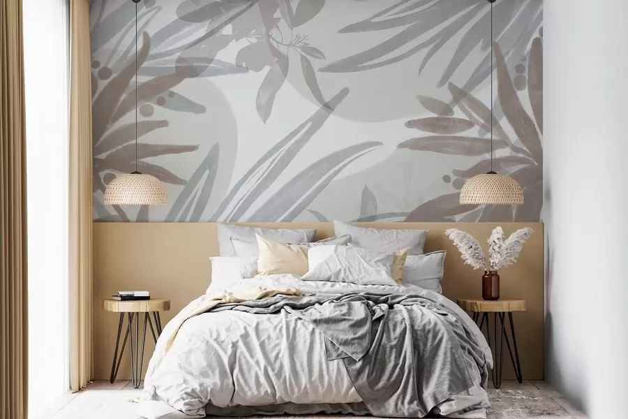 murais de parede Um padrão floral abstrato em tons neutros com folhas e formas sobrepostas em tons de cinza, branco e bege w08464