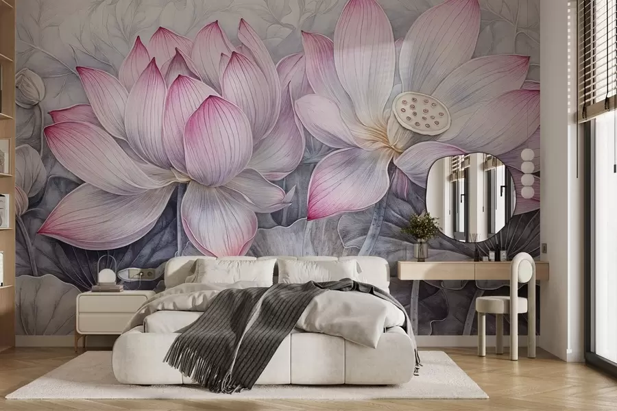 murais de parede Várias flores de lótus rosa grandes com textura detalhada, folhas e caules verde-acinzentados em um fundo claro w08465