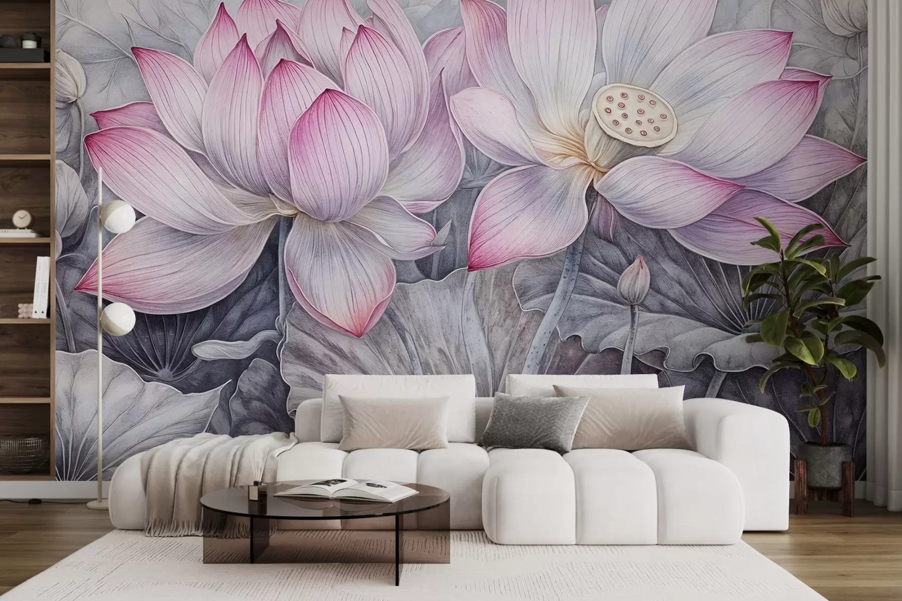 murais de parede Várias flores de lótus rosa grandes com textura detalhada, folhas e caules verde-acinzentados em um fundo claro w08465