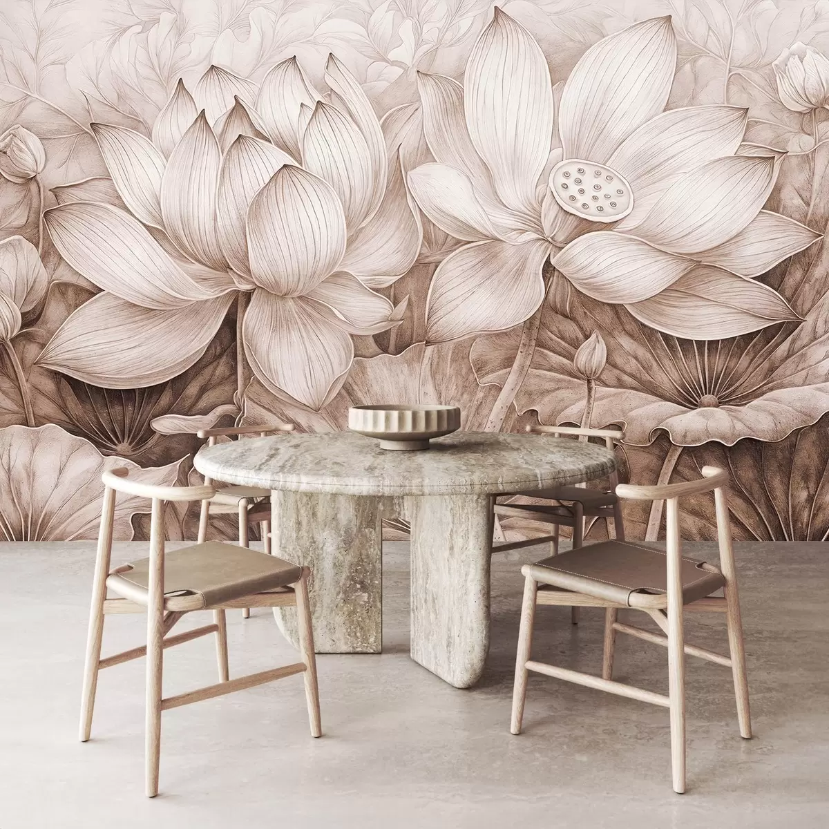 murais de parede Várias flores de lótus bege grandes, com textura detalhada, folhas e caules marrons contra um fundo claro w08465v1