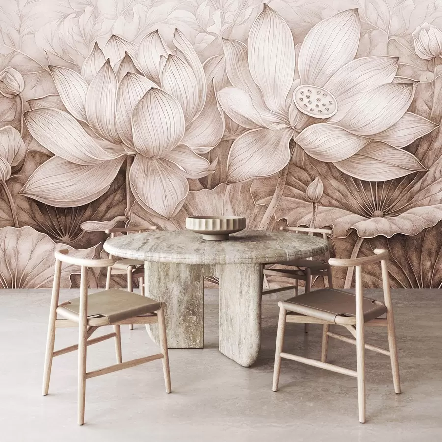 murais de parede Várias flores de lótus bege grandes, com textura detalhada, folhas e caules marrons contra um fundo claro w08465v1