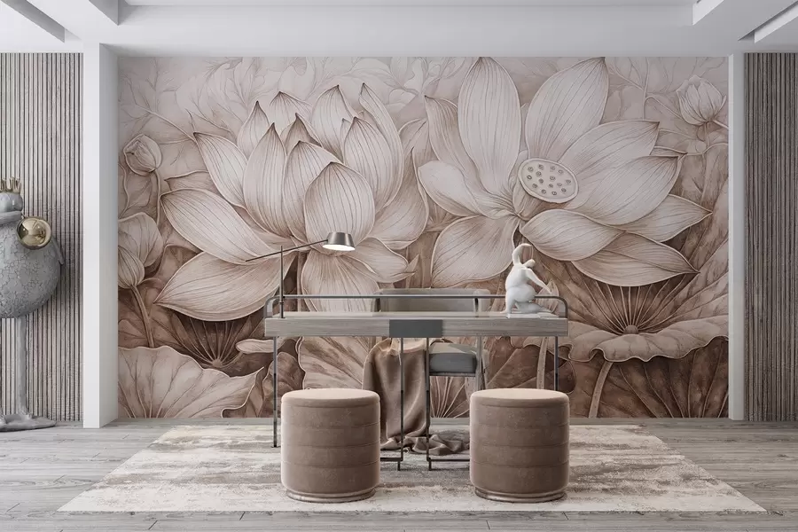 murais de parede Várias flores de lótus bege grandes, com textura detalhada, folhas e caules marrons contra um fundo claro w08465v1