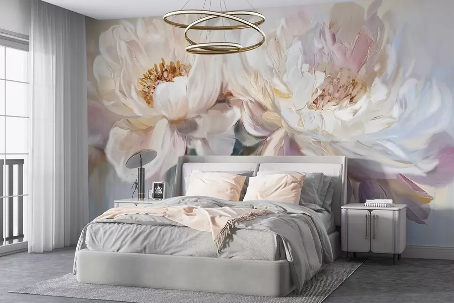 murais de parede Suaves e delicadas peônias brancas e rosa pastel com pétalas exuberantes em um fundo de imitação de pintura desfocado w08466