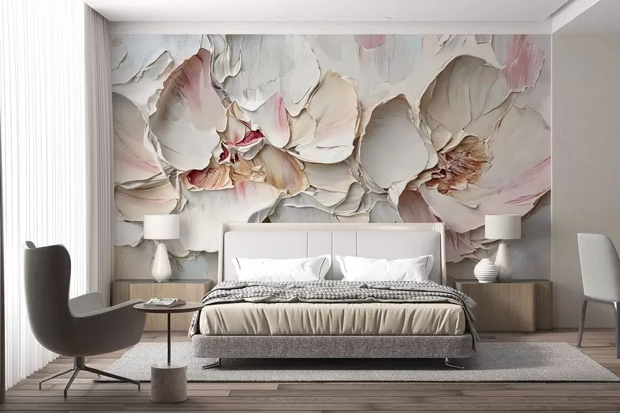 murais de parede Flores delicadas, rosa pálido, com pétalas suaves e em camadas em um fundo suave e texturizado, imitação de pintura a óleo impasto w08467