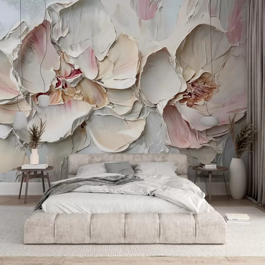 murais de parede Flores delicadas, rosa pálido, com pétalas suaves e em camadas em um fundo suave e texturizado, imitação de pintura a óleo impasto w08467