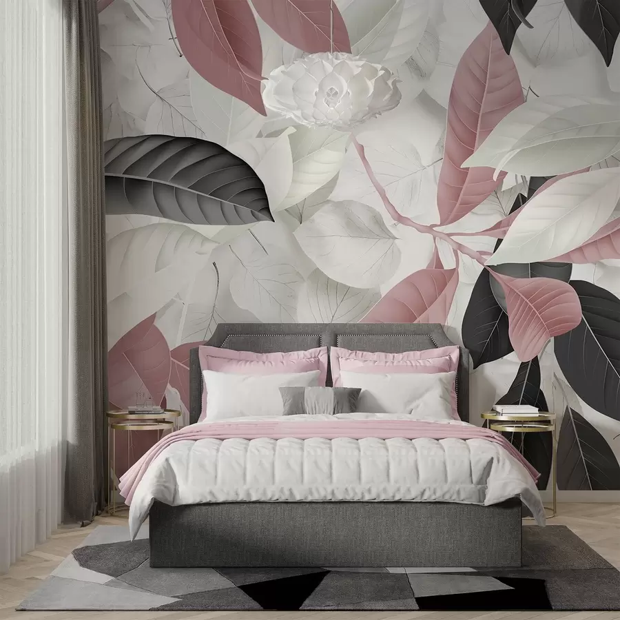 murais de parede Impressão grande de folhas rosa e cinza em um fundo texturizado de folhas claras, criando uma sensação tropical exuberante w08468
