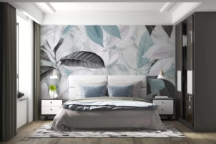 murais de parede Impressão grande de folhas azuis e cinzas em um fundo texturizado de folhas claras, criando uma sensação tropical exuberante w08468v1