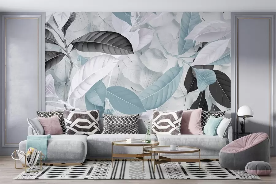 murais de parede Impressão grande de folhas azuis e cinzas em um fundo texturizado de folhas claras, criando uma sensação tropical exuberante w08468v1
