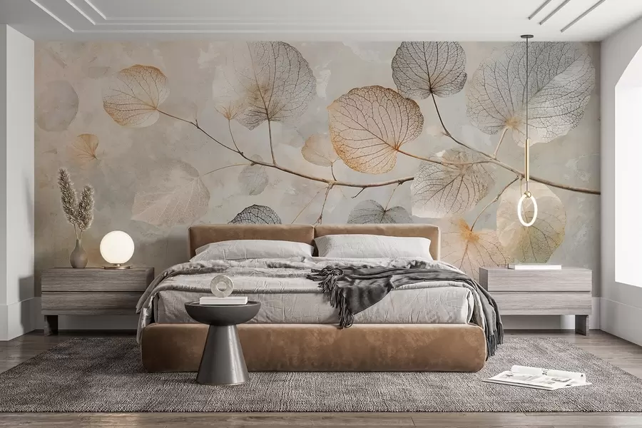 murais de parede Folhas delicadas com veios intrincados e cores suaves e discretas em um fundo de textura clara w08469