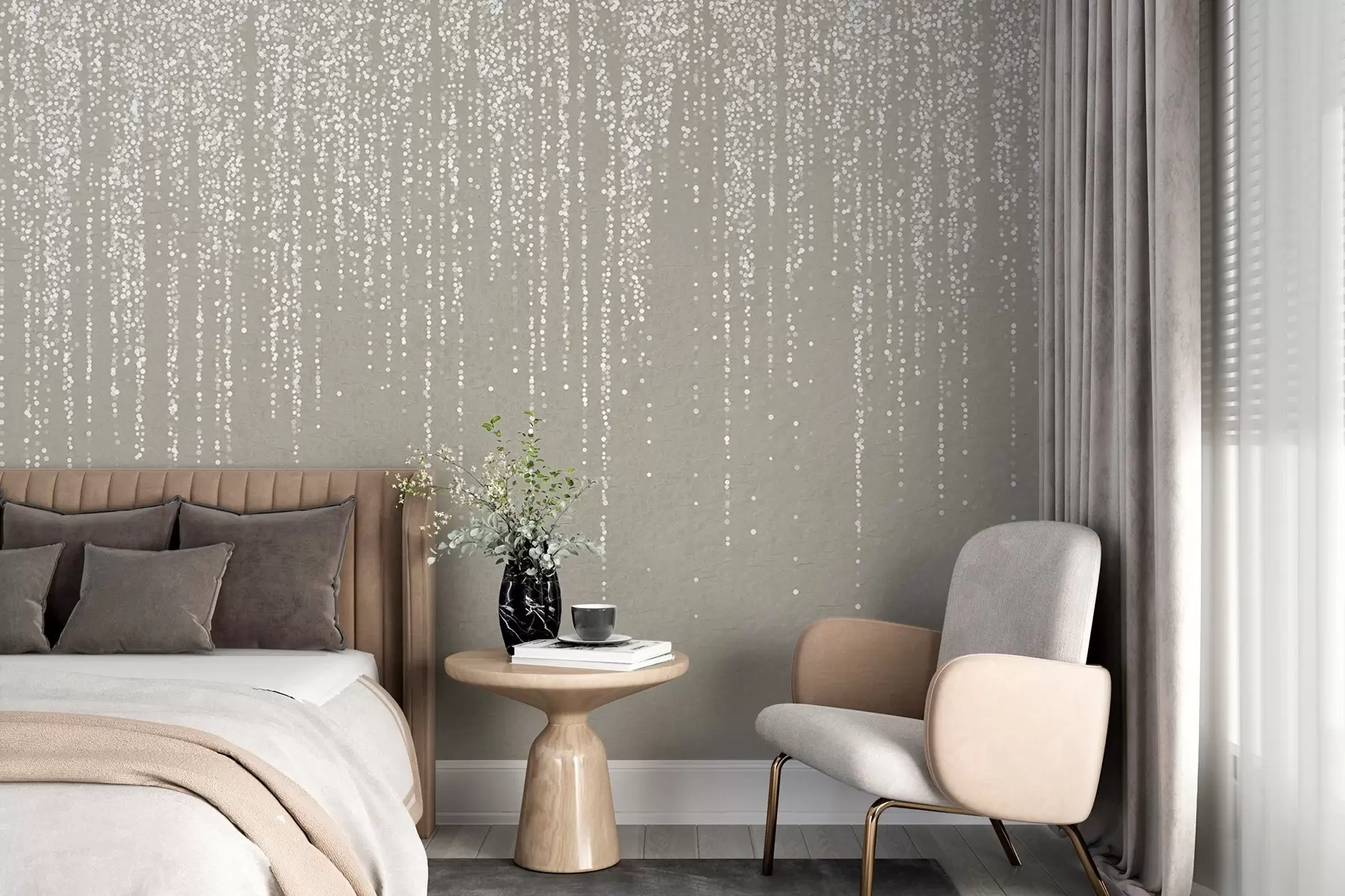 murais de parede Uma elegante estampa vertical de guirlandas pontilhadas em um fundo bege texturizado, criando uma sensação de profundidade e movimento w08470