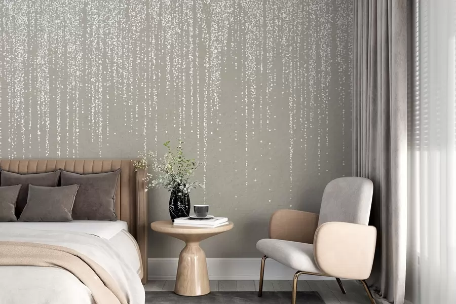 murais de parede Uma elegante estampa vertical de guirlandas pontilhadas em um fundo bege texturizado, criando uma sensação de profundidade e movimento w08470