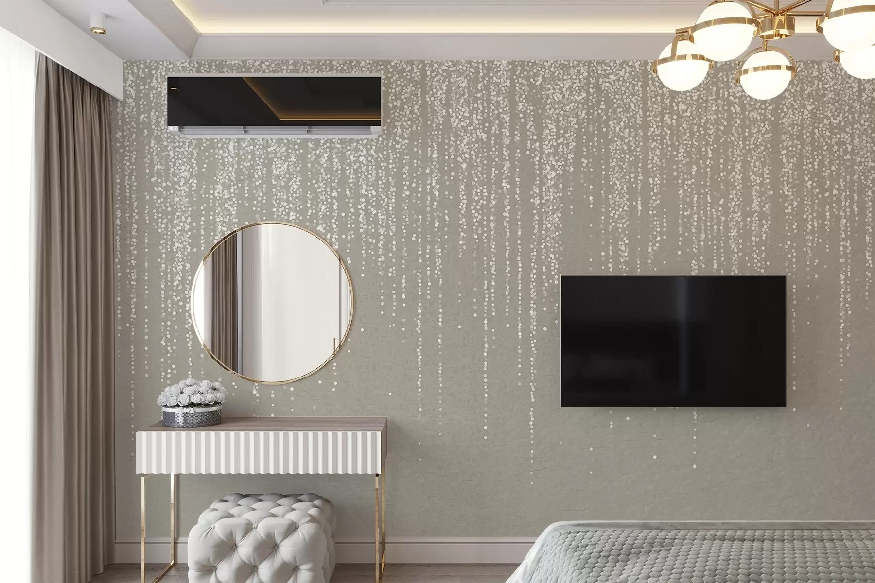 murais de parede Uma elegante estampa vertical de guirlandas pontilhadas em um fundo bege texturizado, criando uma sensação de profundidade e movimento w08470
