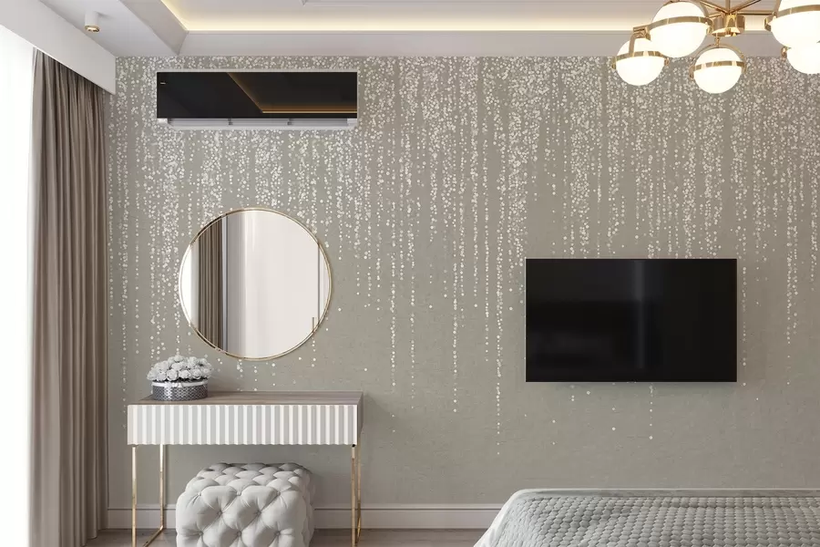 murais de parede Uma elegante estampa vertical de guirlandas pontilhadas em um fundo bege texturizado, criando uma sensação de profundidade e movimento w08470