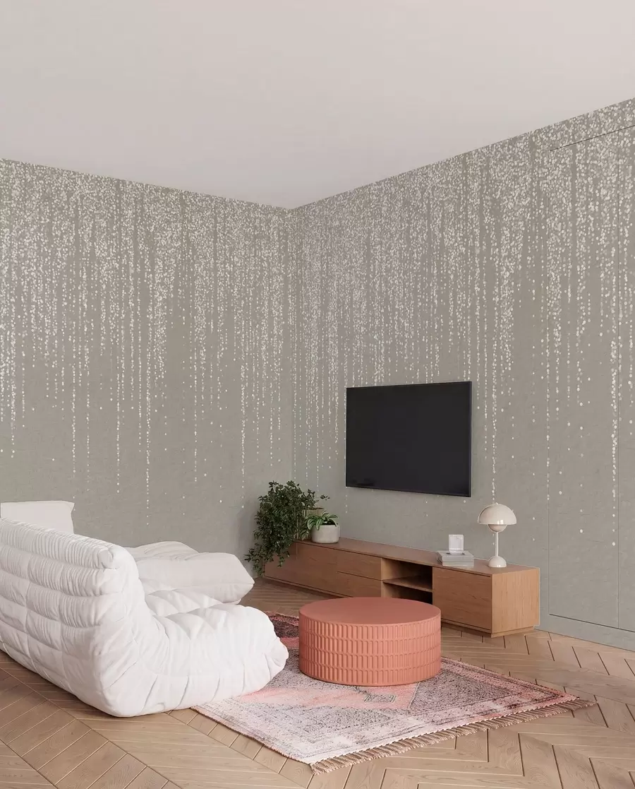 murais de parede Uma elegante estampa vertical de guirlandas pontilhadas em um fundo bege texturizado, criando uma sensação de profundidade e movimento w08470