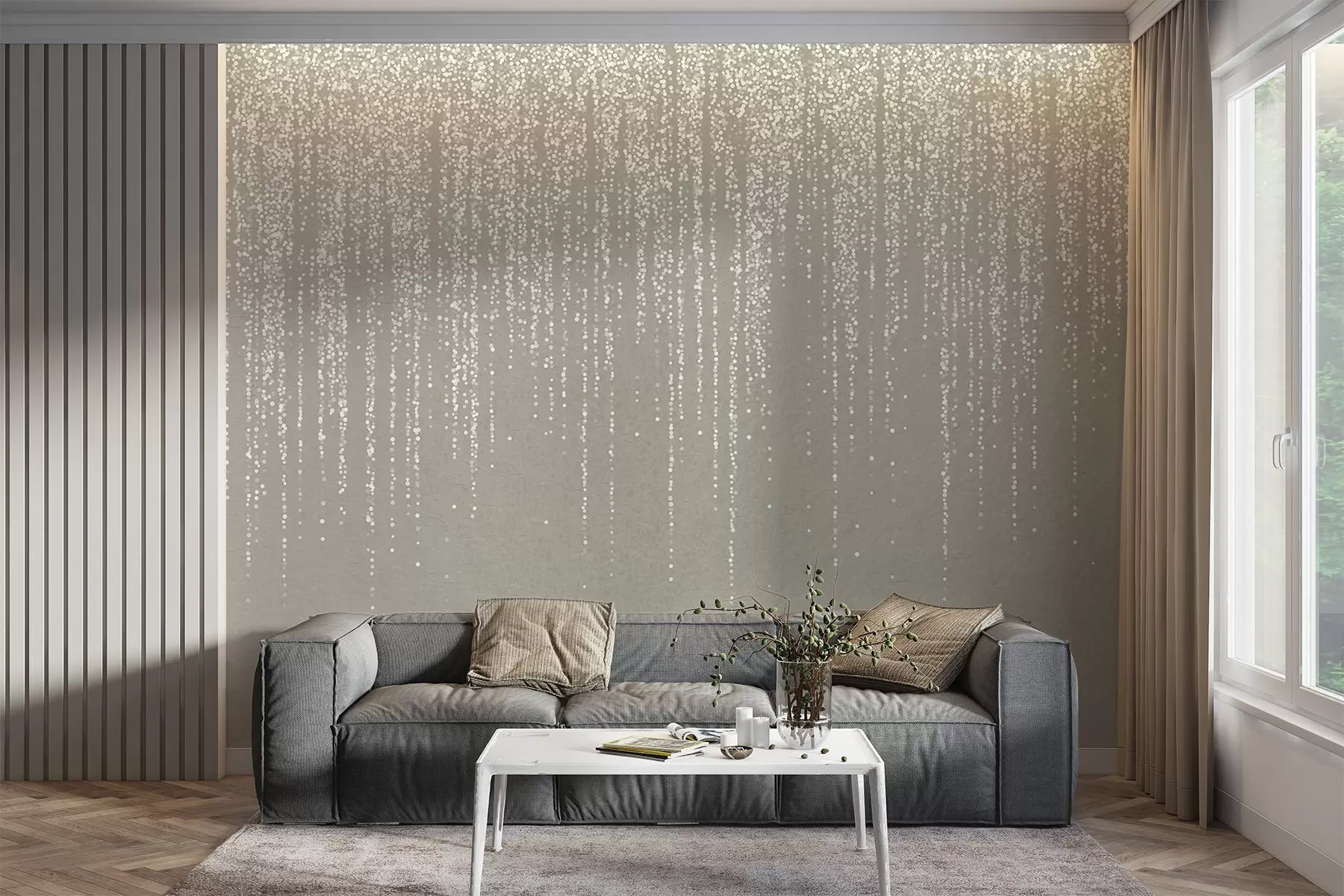 murais de parede Uma elegante estampa vertical de guirlandas pontilhadas em um fundo bege texturizado, criando uma sensação de profundidade e movimento w08470