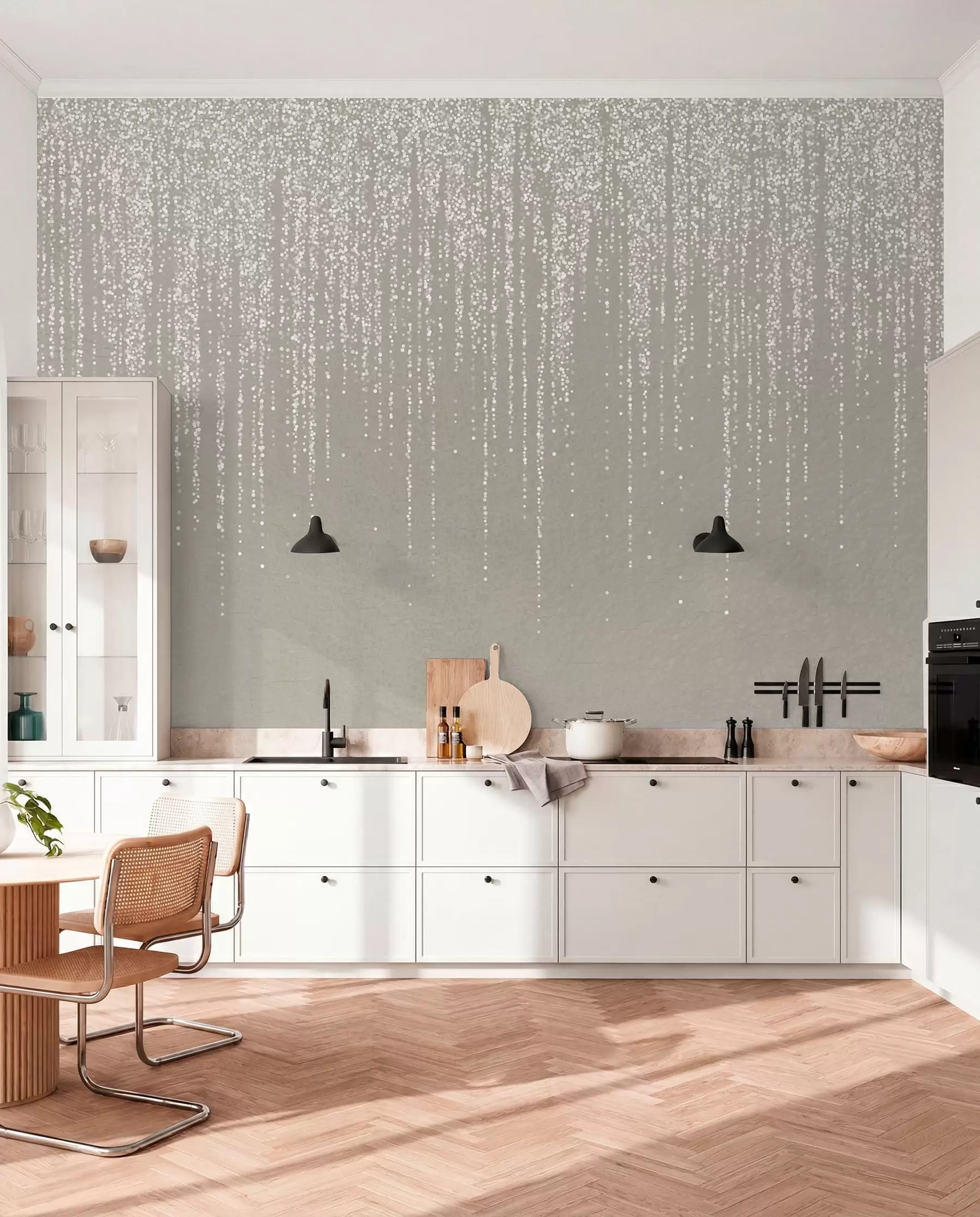 murais de parede Uma elegante estampa vertical de guirlandas pontilhadas em um fundo bege texturizado, criando uma sensação de profundidade e movimento w08470