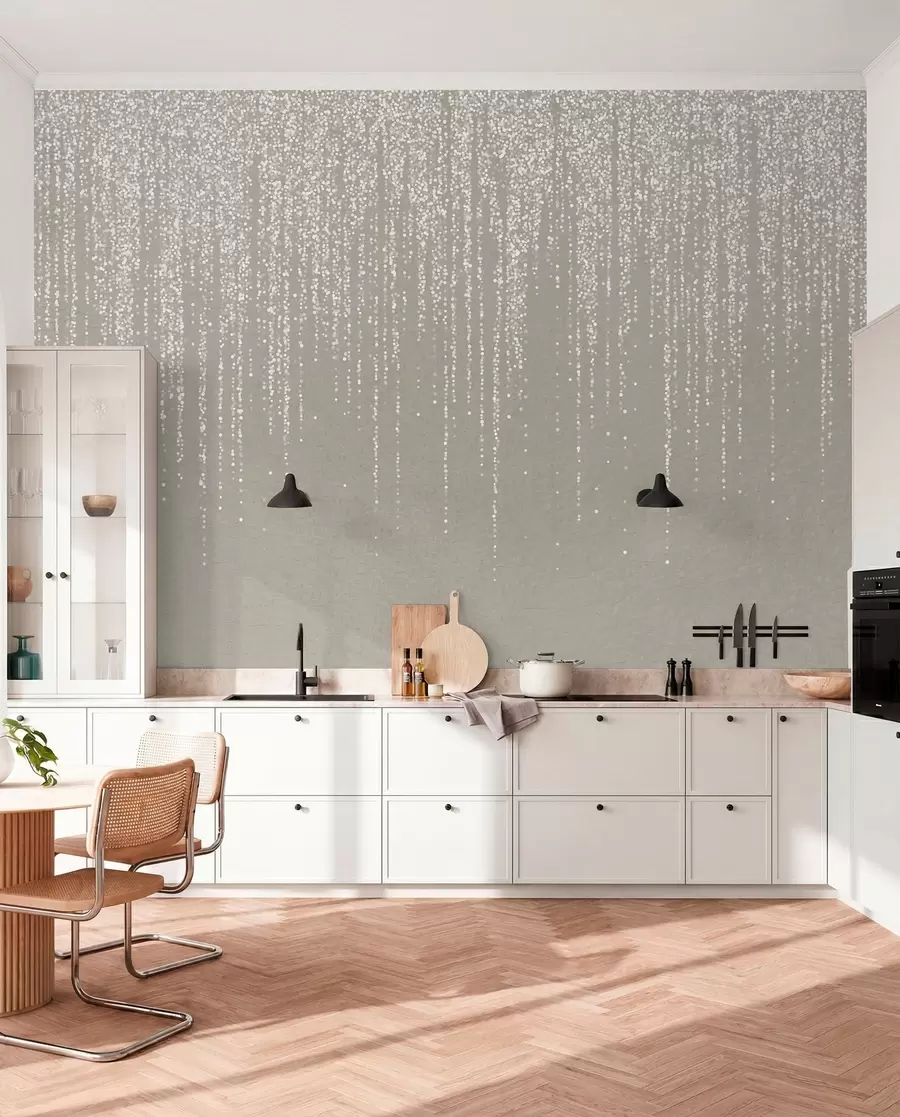 murais de parede Uma elegante estampa vertical de guirlandas pontilhadas em um fundo bege texturizado, criando uma sensação de profundidade e movimento w08470