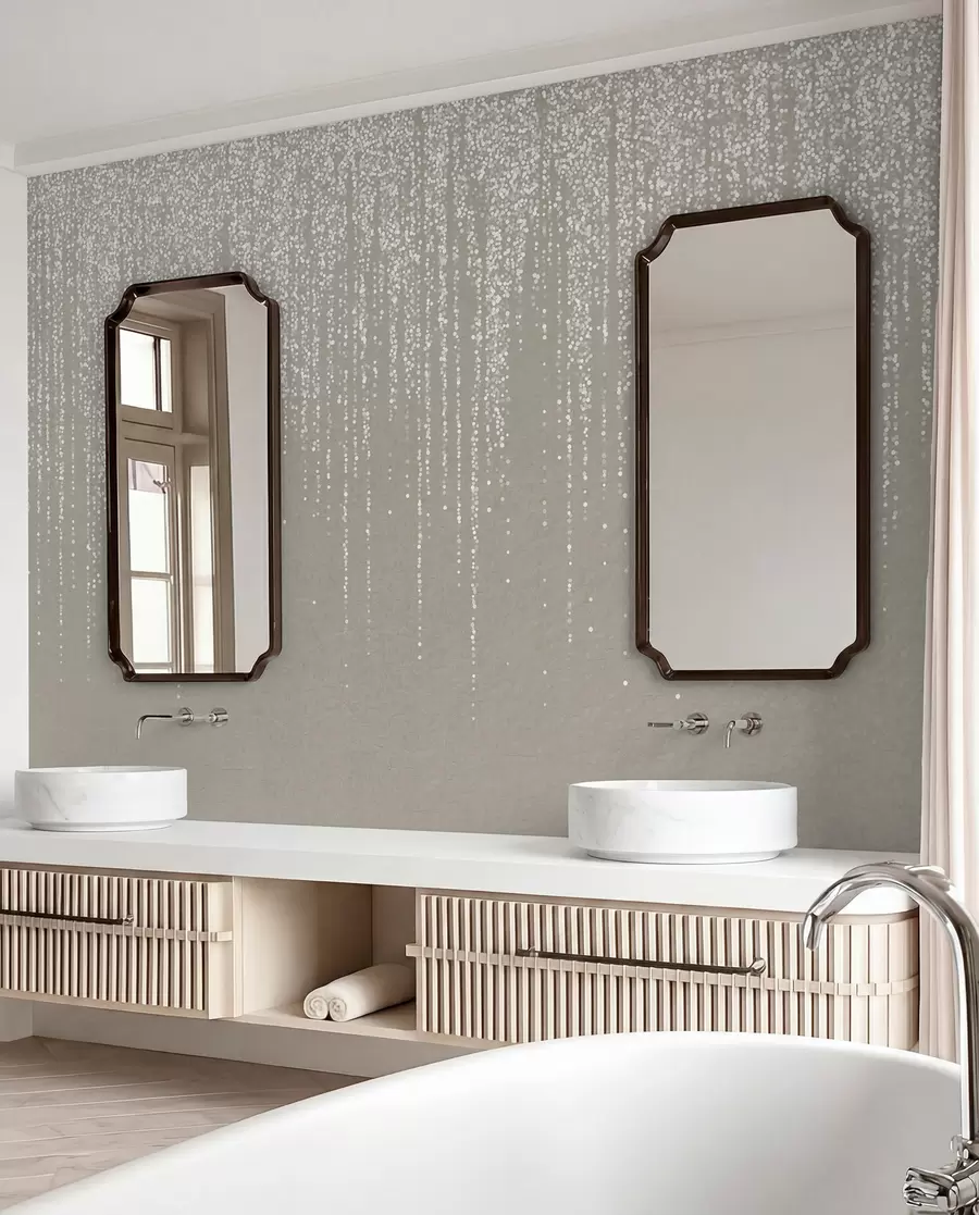 murais de parede Uma elegante estampa vertical de guirlandas pontilhadas em um fundo bege texturizado, criando uma sensação de profundidade e movimento w08470