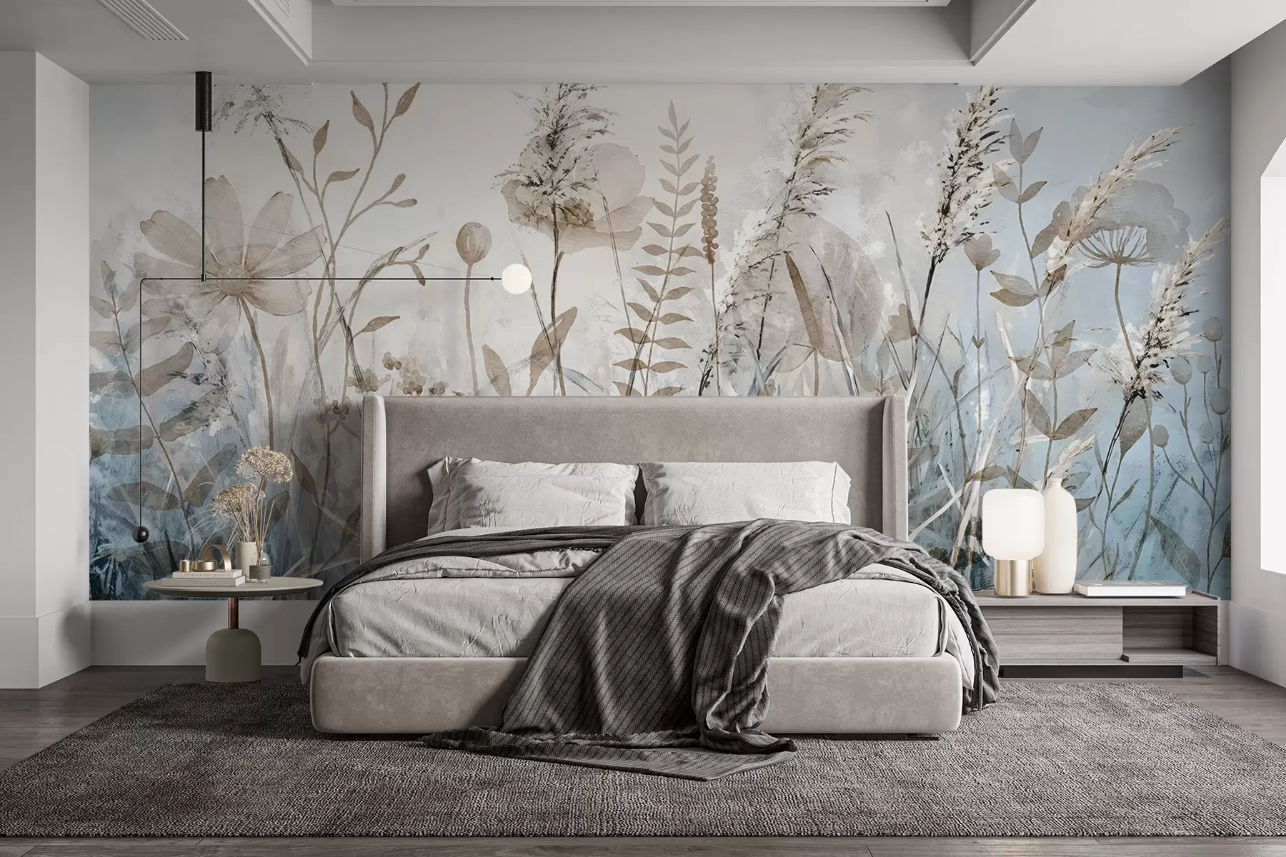 murais de parede Um campo de grama alta, folhagem natural e plantas com texturas suaves e finas contra um céu enevoado e nublado w08472