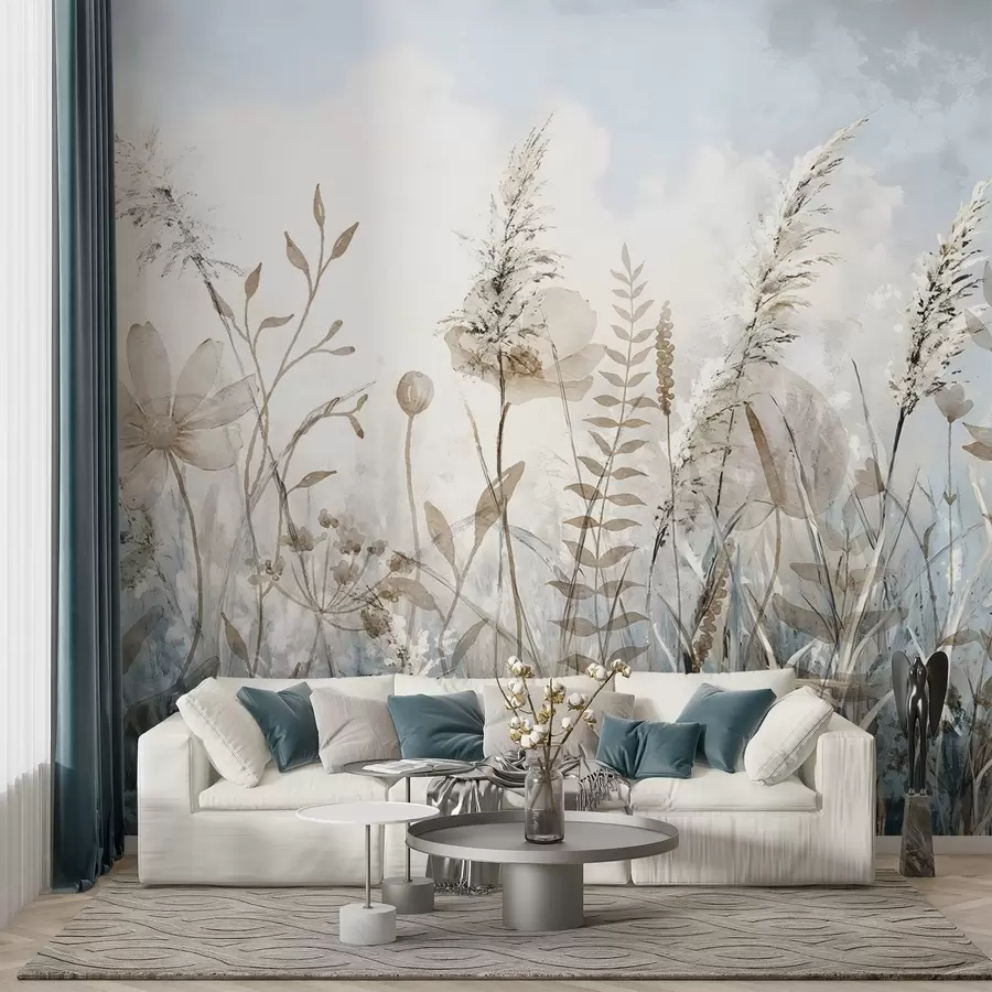 murais de parede Um campo de grama alta, folhagem natural e plantas com texturas suaves e finas contra um céu enevoado e nublado w08472