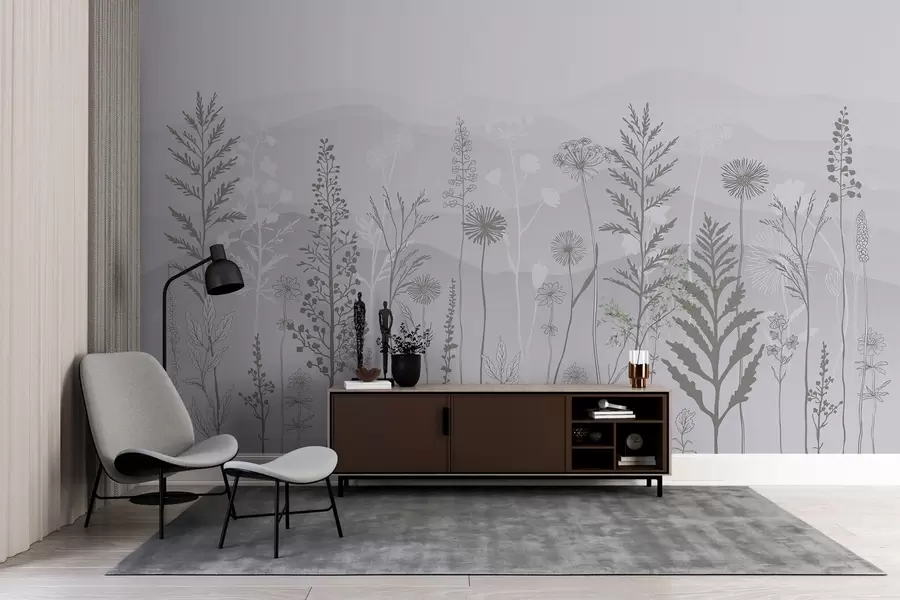 murais de parede papel de parede em estilo ecológico, flores silvestres em tons de cinza w02443