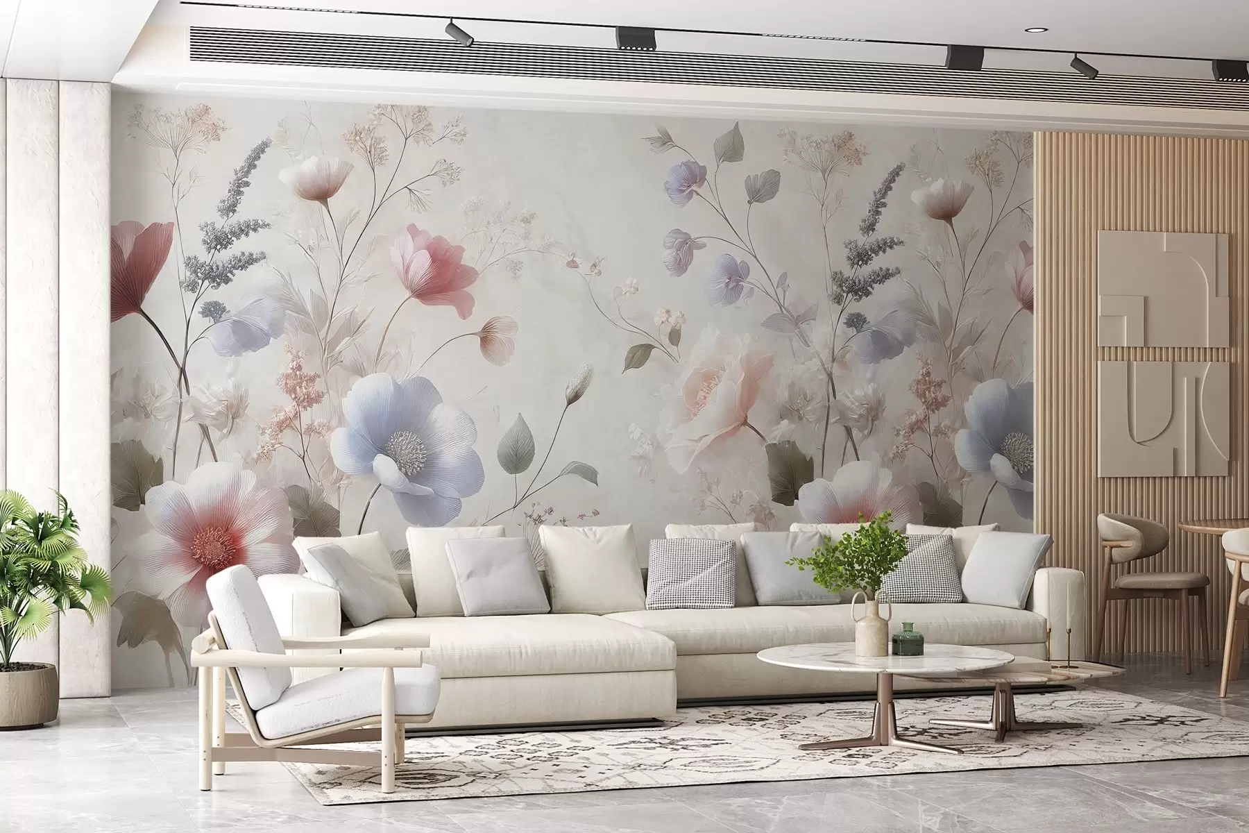 murais de parede flores silvestres delicadas em tons pastéis em um fundo texturizado w02454