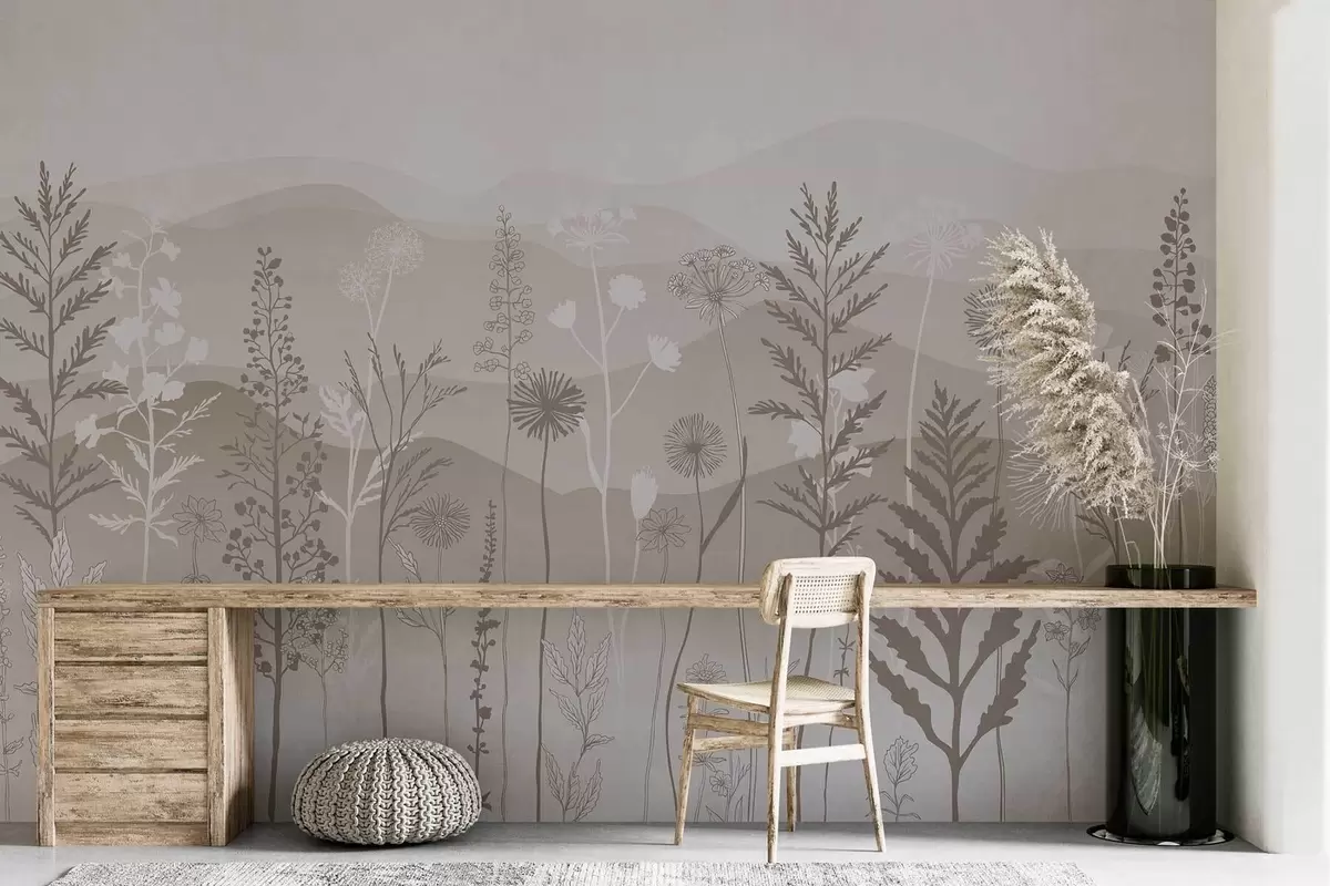 murais de parede papel de parede em estilo ecológico, flores silvestres em tons de marrom claro w02443v1