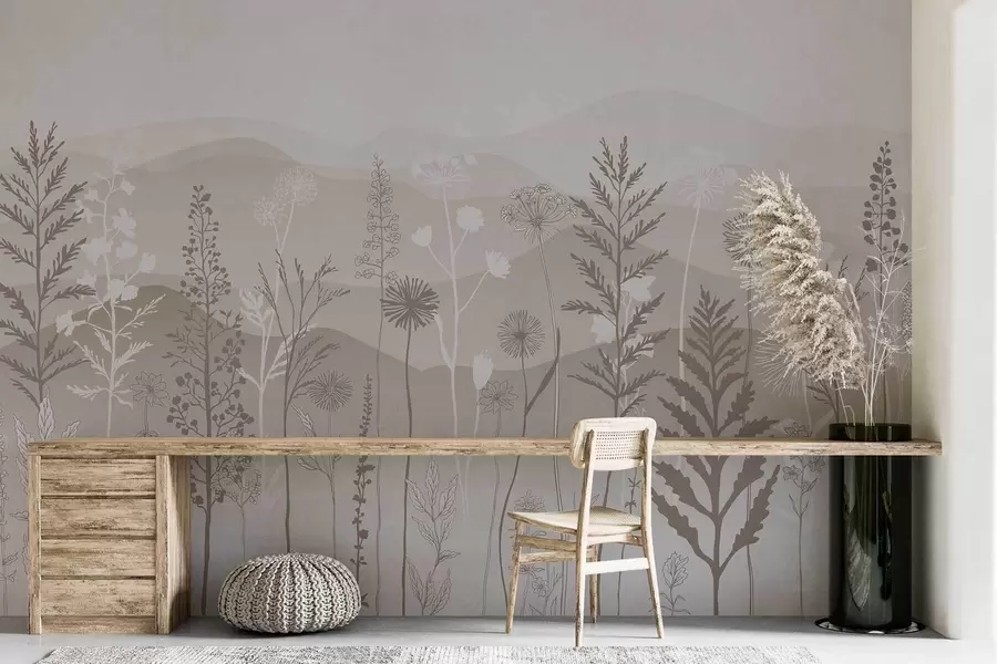murais de parede papel de parede em estilo ecológico, flores silvestres em tons de marrom claro w02443v1