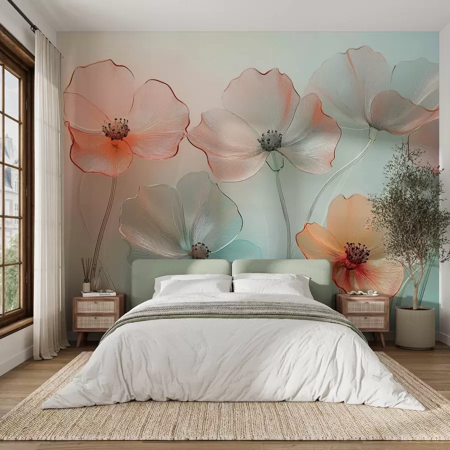murais de parede vidro de imitação de flores de papoula em cores delicadas w02519