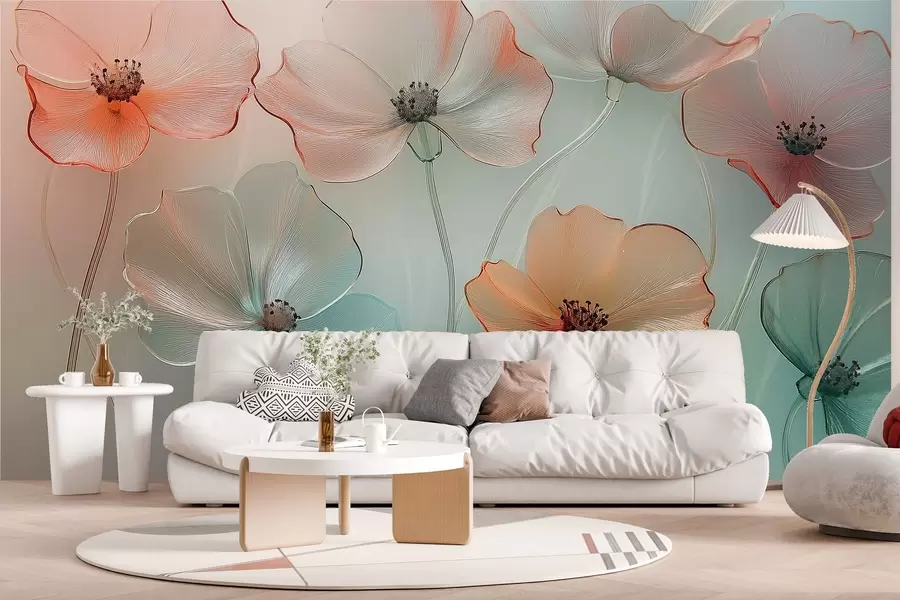 murais de parede vidro de imitação de flores de papoula em cores delicadas w02519