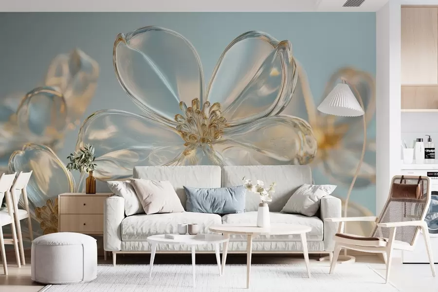 murais de parede flores grandes em estilo de vidro em tons de azul w02521