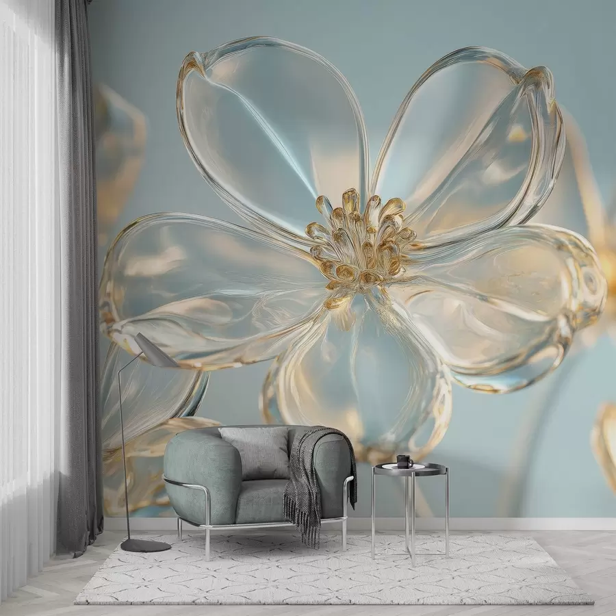 murais de parede flores grandes em estilo de vidro em tons de azul w02521