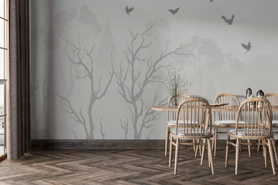 murais de parede Silhuetas de árvores com pássaros na neblina w02461