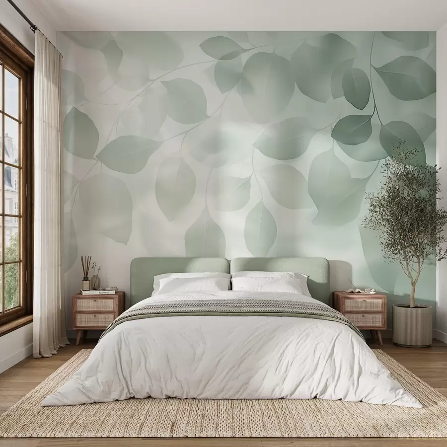 murais de parede Abstração floral de folhas em tons de verde w08492v1