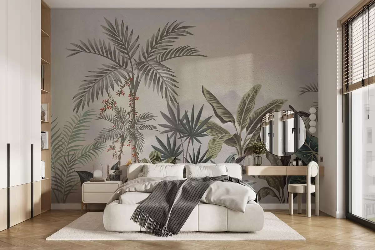 murais de parede Selva tropical com palmeiras e pássaros coloridos w08496